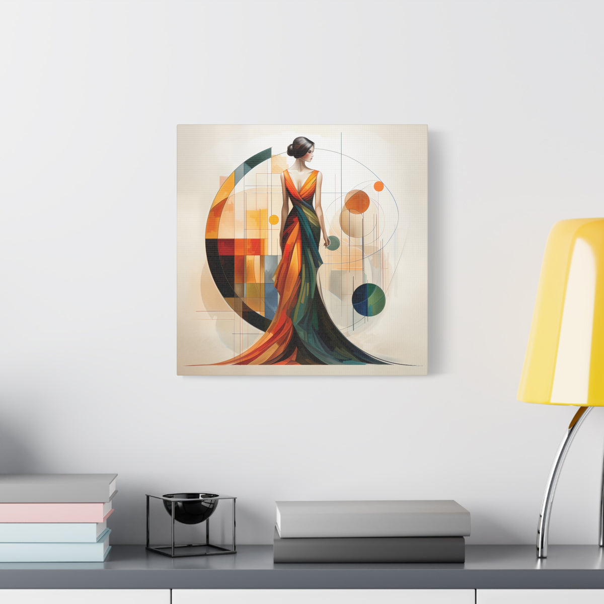 Chromatic Elegance — Abstract Geometric Fashion Portrait in a Flowing Couture Gown