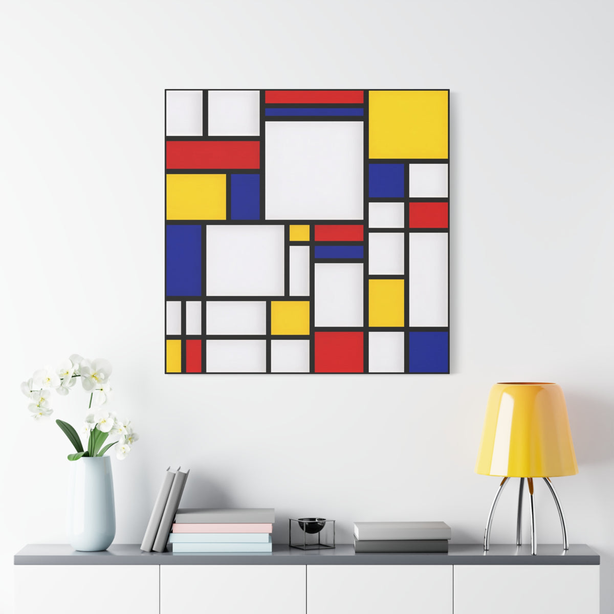Abstract Geometric Canvas Art – Red, Blue & Yellow Stretched Print