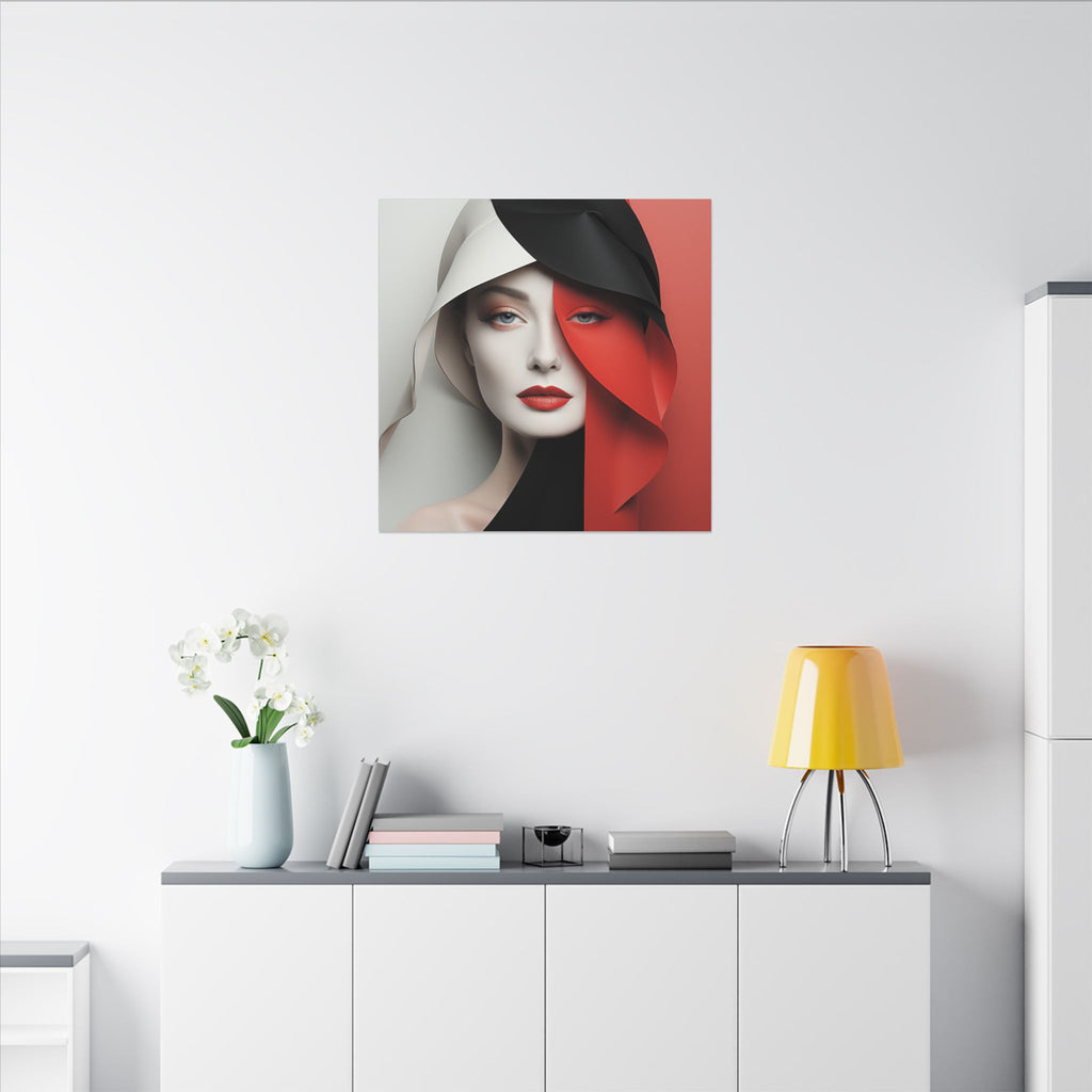 Split Poise – Modern Red Black Female Portrait Canvas Print