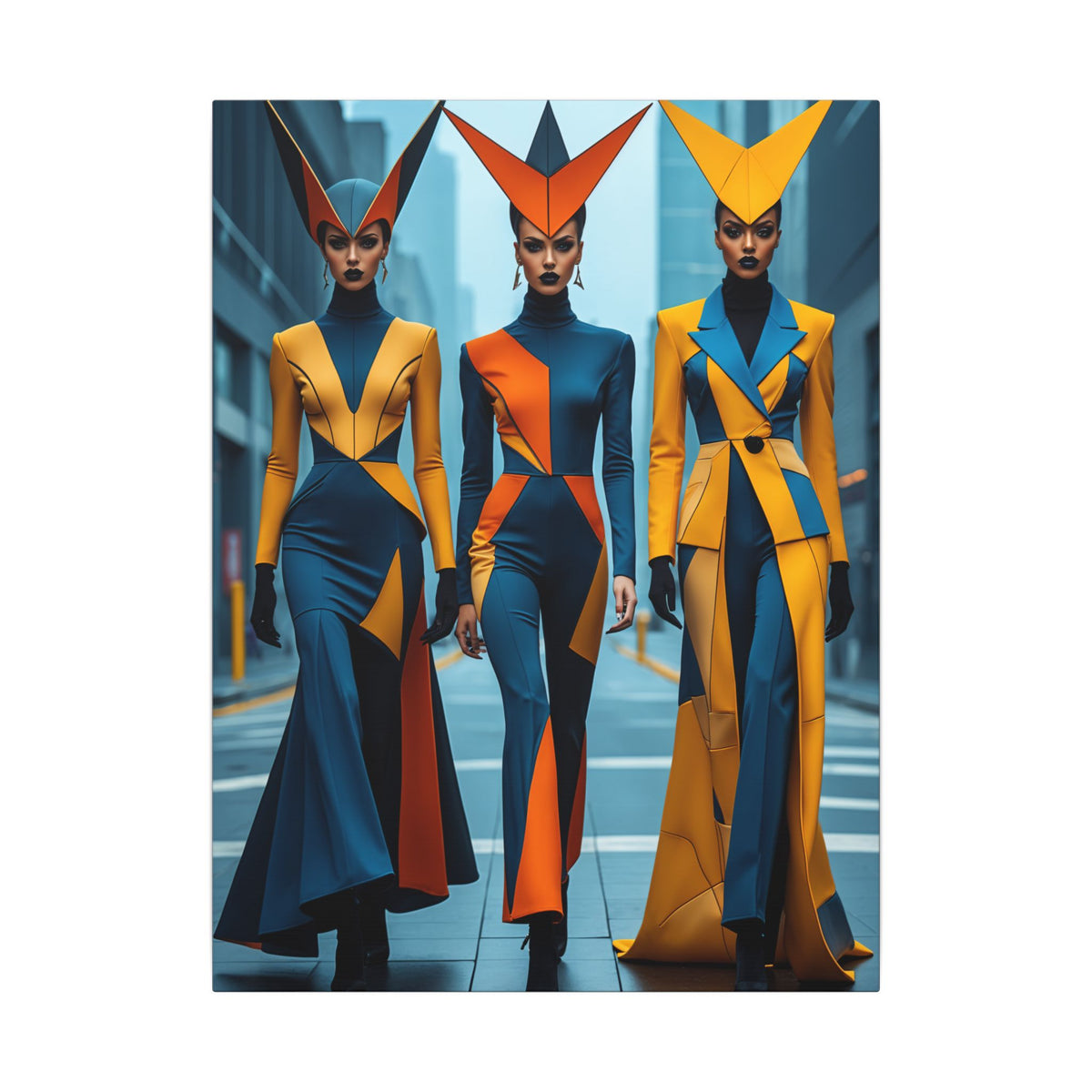 Three stylized figures in sculptural, geometric garments—deep blue, burnt orange, and golden yellow—striding through an urban backdrop with cinematic, futuristic fashion