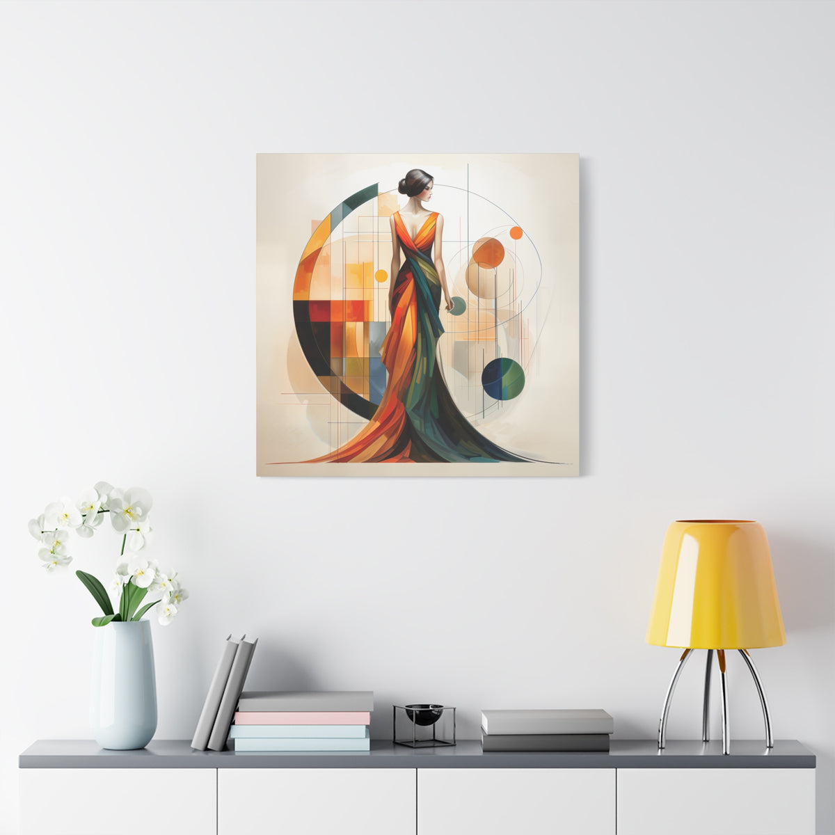 Chromatic Elegance — Abstract Geometric Fashion Portrait in a Flowing Couture Gown