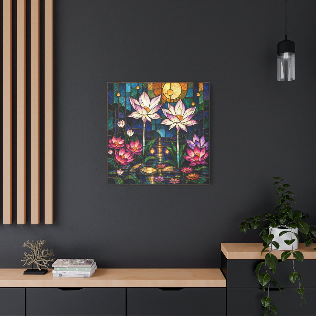 Moonlit Lotus Sanctuary — Stained Glass Floral Garden Wall Art