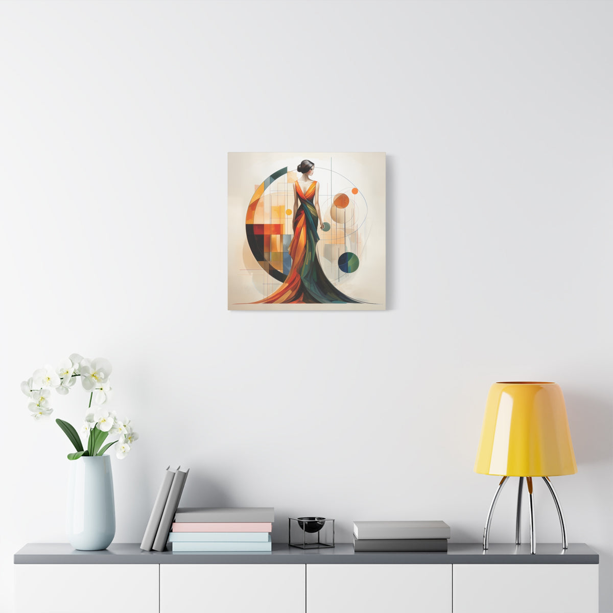 Chromatic Elegance — Abstract Geometric Fashion Portrait in a Flowing Couture Gown