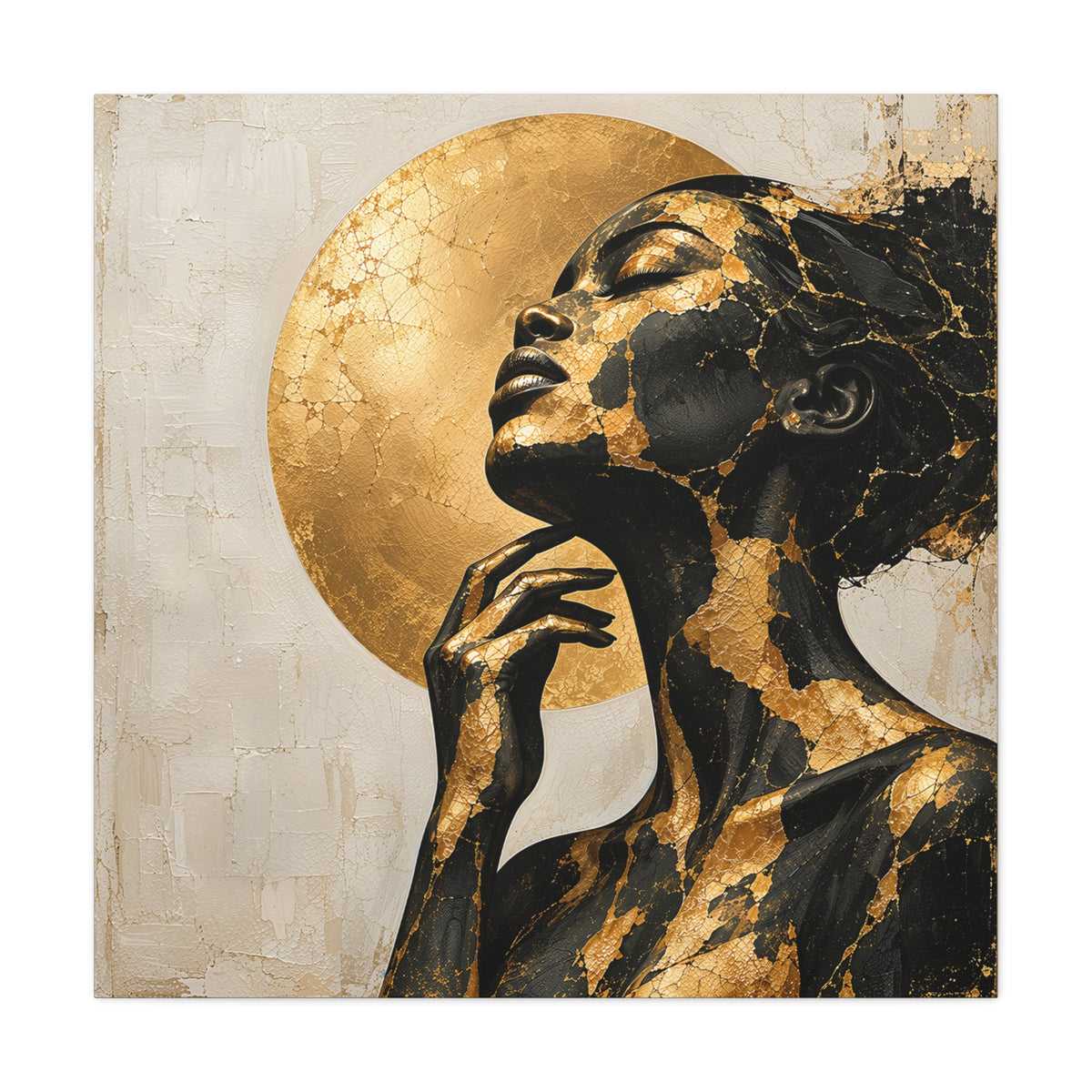 Crowned in Light — Modern Black & Gold Woman Portrait