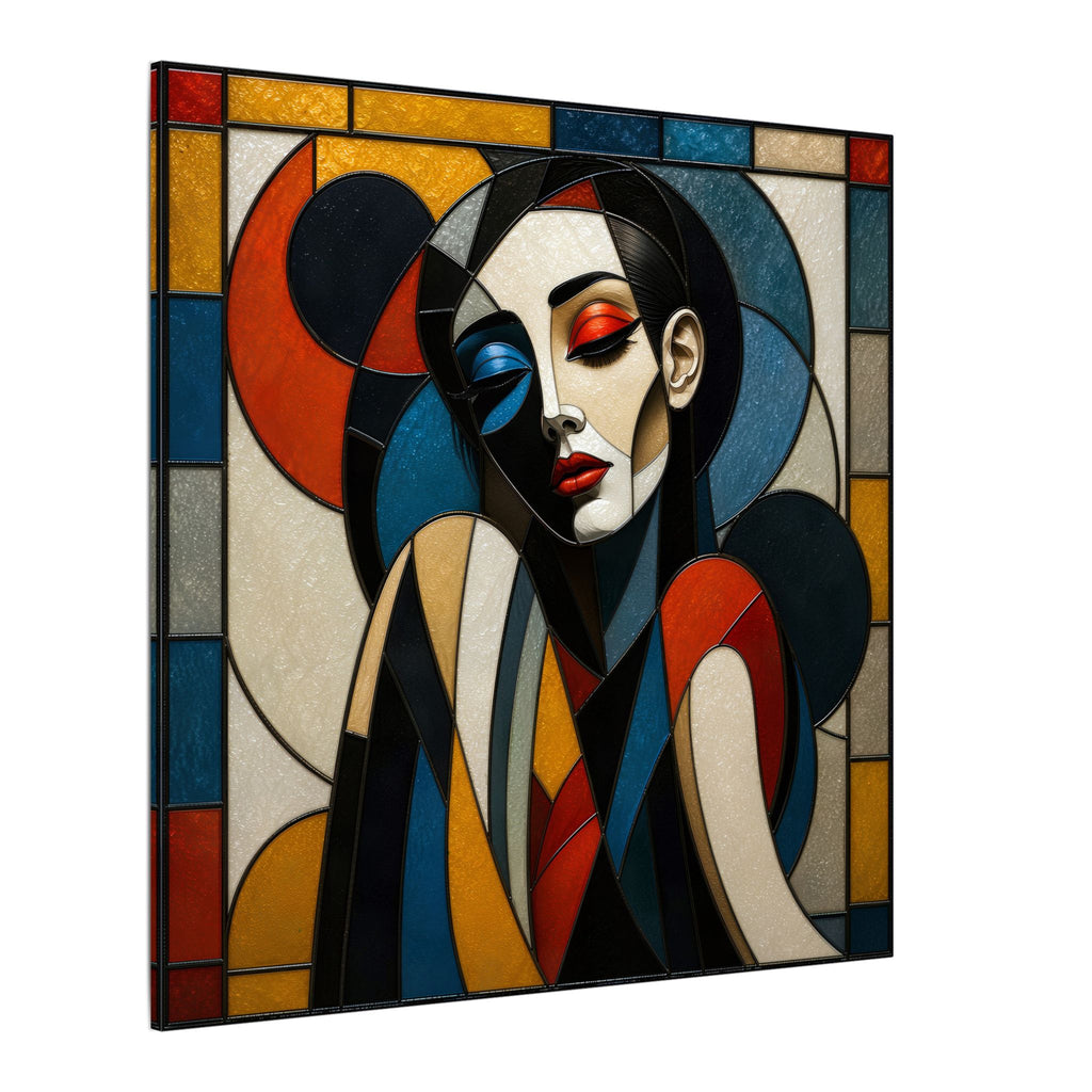Split Between Colors – Geometric Stained Glass Woman Portrait Canvas Print
