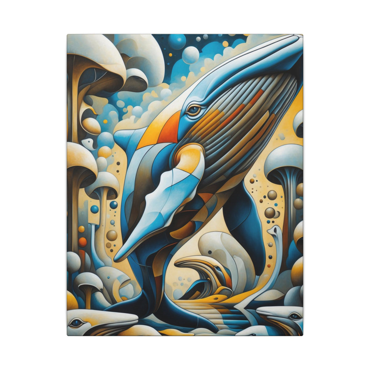 Luminous surreal scene of a giant whale rising through flowing blues, cream, gold and soft orange with dolphins, bubbles, and mushroom-like forms.