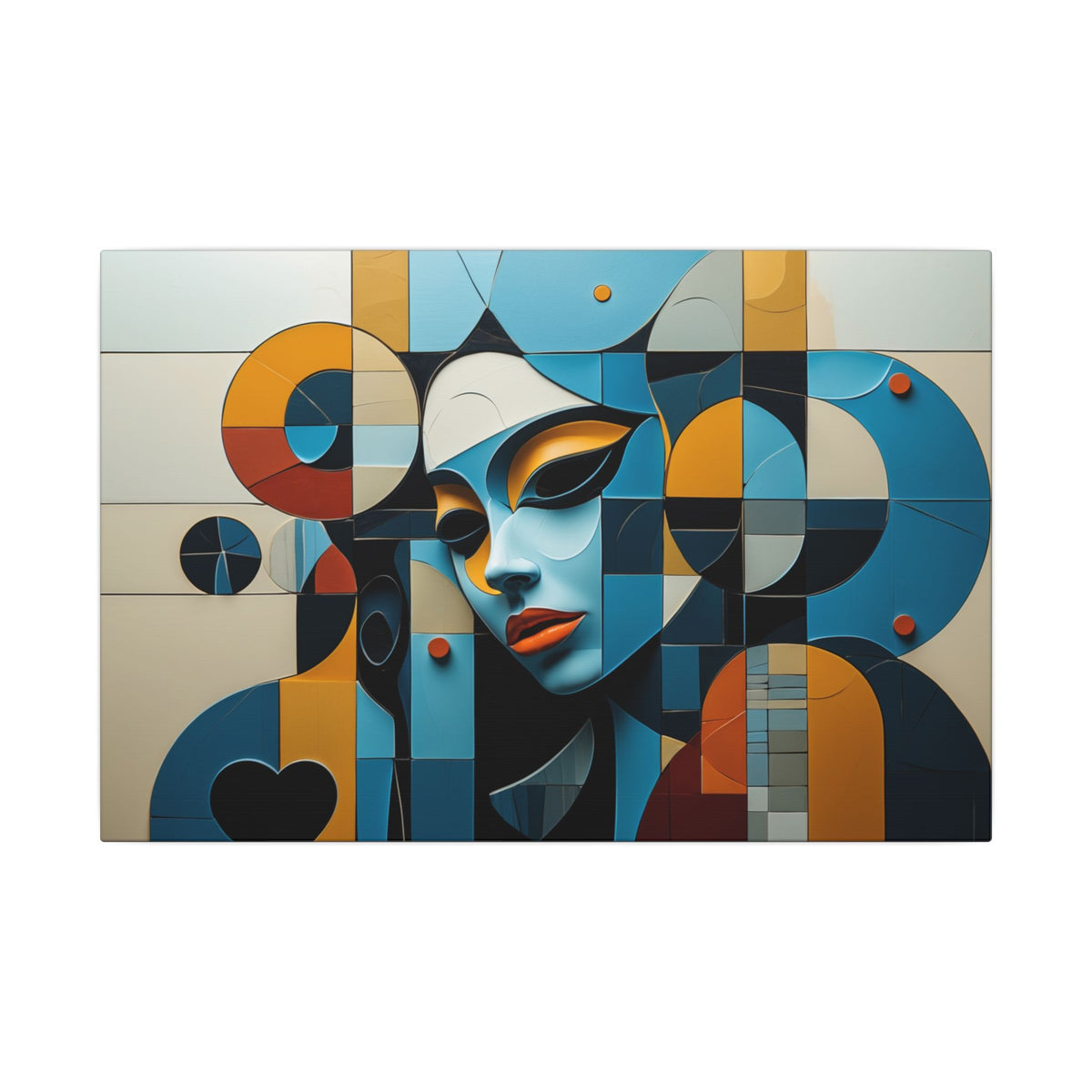 Stylized female face formed by layered arcs, circles and blocks in deep blue, turquoise, cream, gold, rust, and black with a small heart tucked low