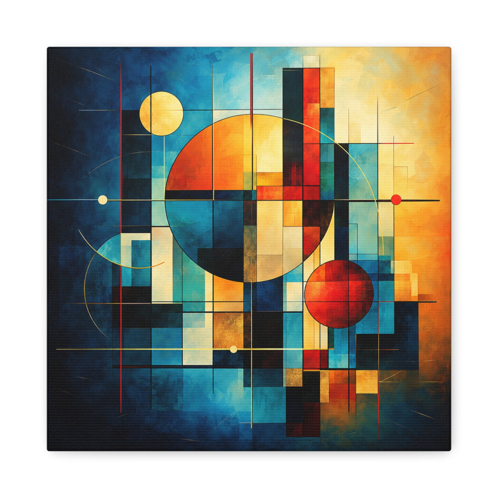 Bold geometric abstraction with a large off-center circle, intersecting cobalt blue, teal, amber, gold, red, black, and cream blocks and smaller satellite circles in a grid-like