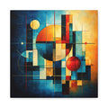 Bold geometric abstraction with a large off-center circle, intersecting cobalt blue, teal, amber, gold, red, black, and cream blocks and smaller satellite circles in a grid-like