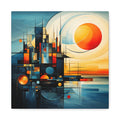 Abstract composition with layered dark geometric blocks and grids on left, a glowing orange sun rising into cream, gold, and blue fields on right