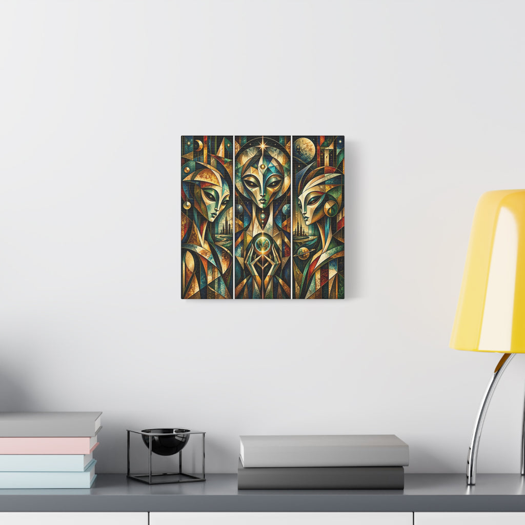 Keepers of the Celestial Gate — Futuristic Geometric Triptych Wall Art